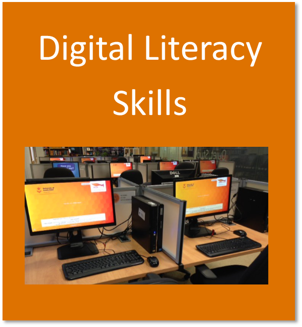 Digital literacy skills button containing computers in the library